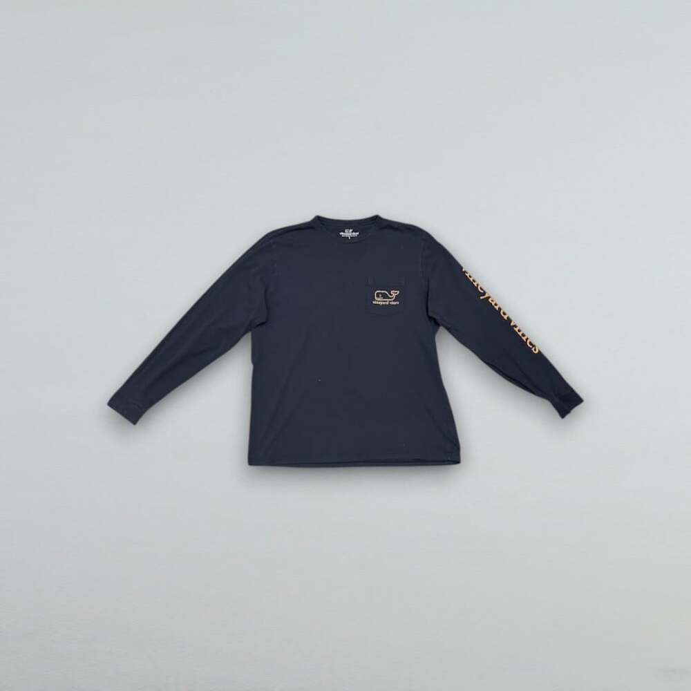 Men’s Navy Long Sleeve Pocket Graphic Tee Whale Coastal Large